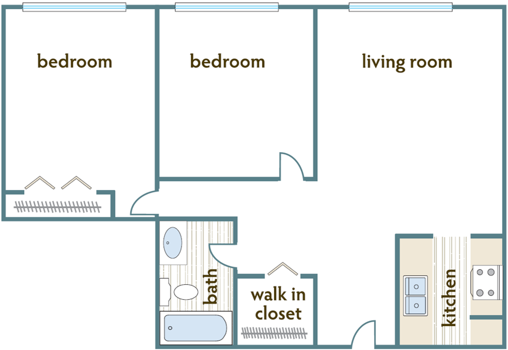 Floor plan for 2 beds, 1 bath, 740 sqft